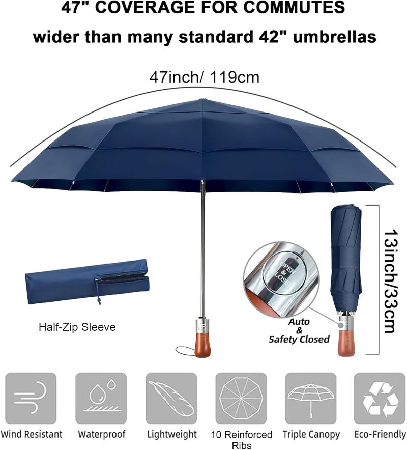 MasterUmbrella 3-Layer Vented Canopy Windproof Commuter Umbrella for Rain, Auto Open/Close, 10 Fiberglass Ribs, Wooden Handle, 13" Folded, 47" Large Coverage for 1–2 People, Lifetime Replacement - Image 2